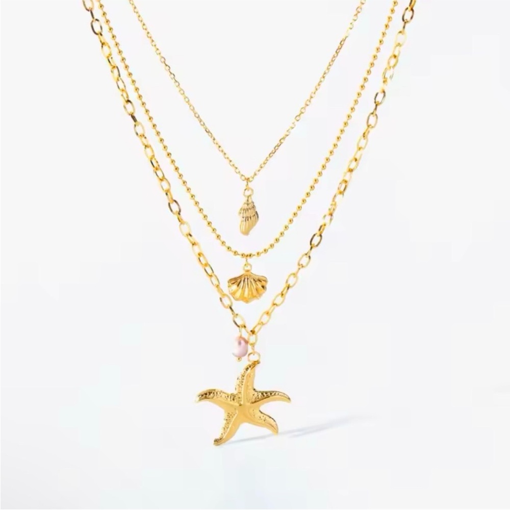 Gold Layered Beach Necklace – Starfish & Seashell Charm Pendant Summer Jewelry